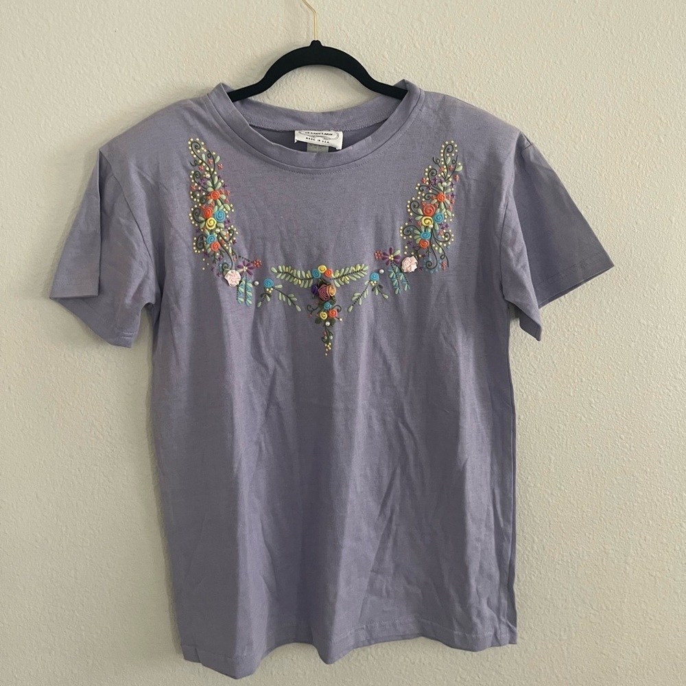 Vintage Classy Lady Woman Floral Embroidered 100% Cotton Top, Size Small